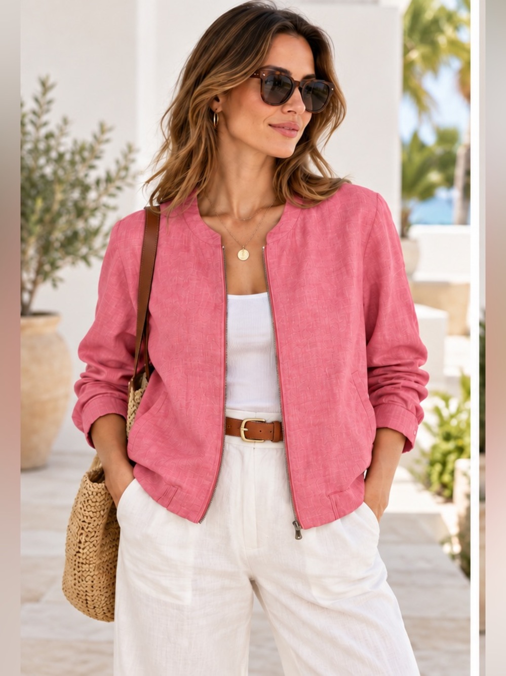 Tommy Bahama Coral Pink 100% Linen Resortwear Old Money Zip Bomber Jacket Medium